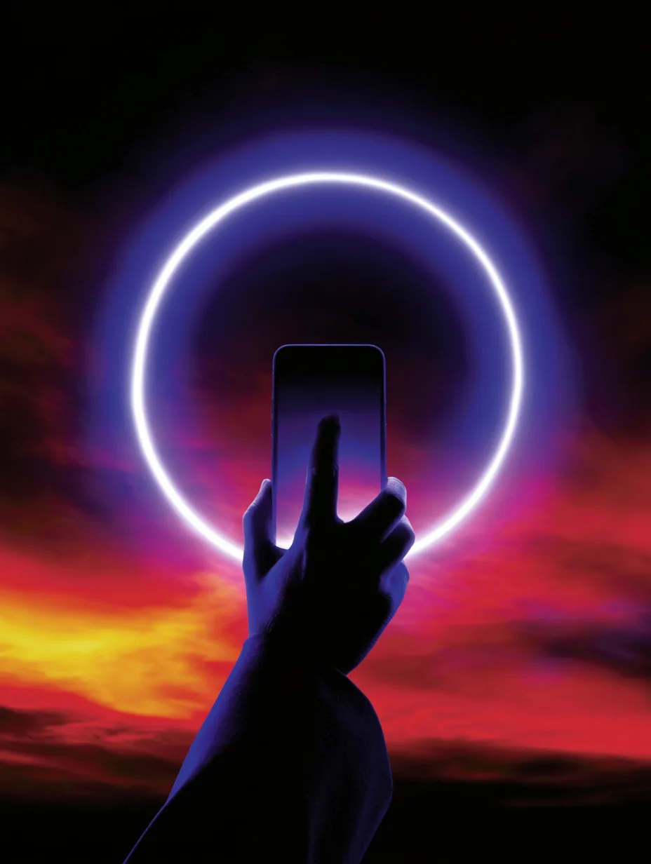 A hand silhouette operating a glowing device